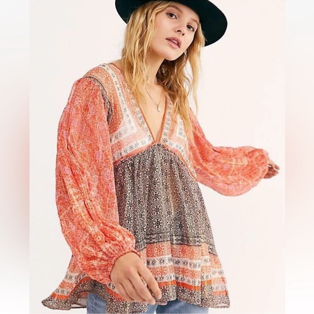 Free People Aliyah Orange Brown Gold Metallic Printed Boho Tunic Top Size Large